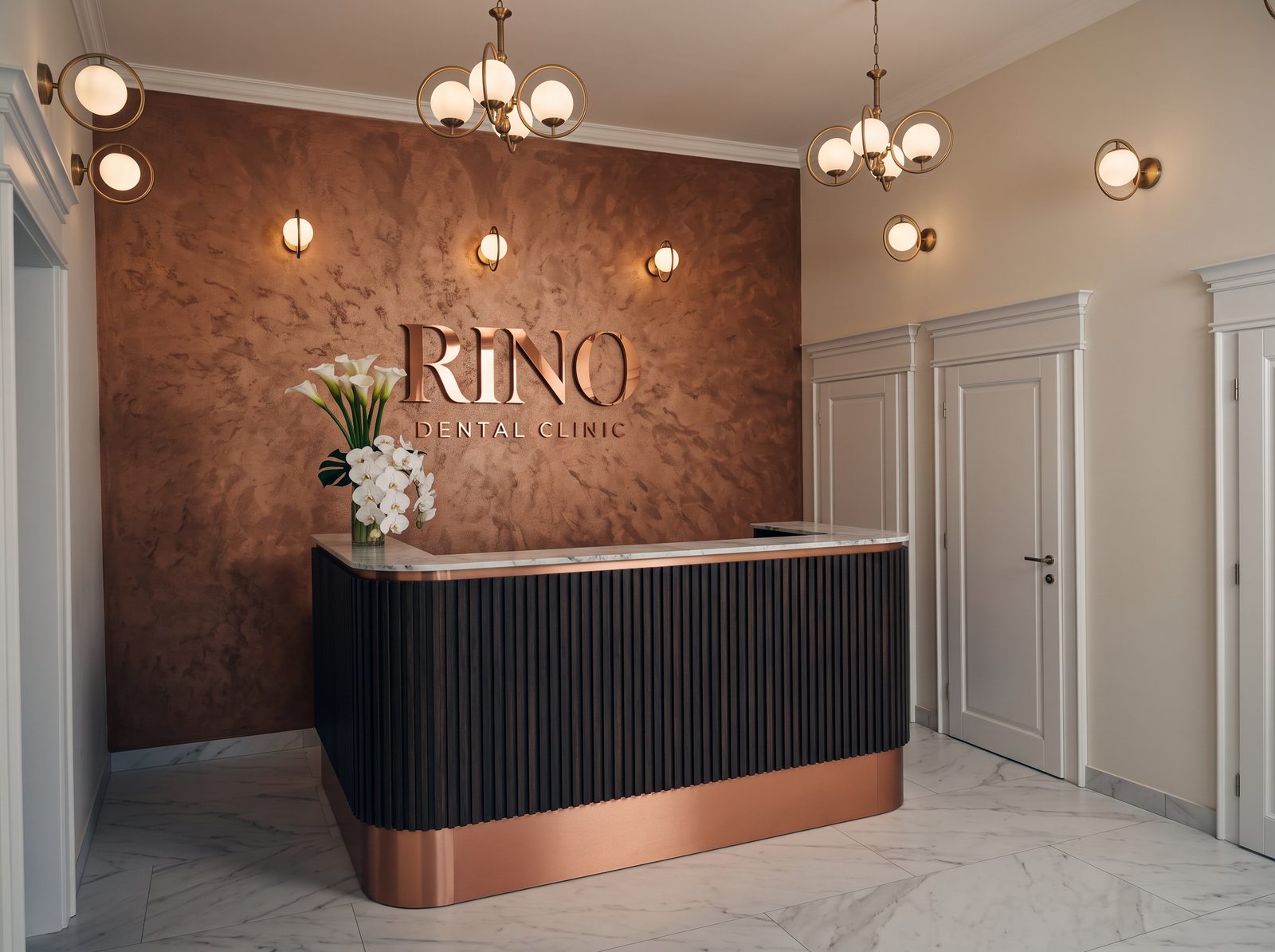 Rino Dental Clinic reception — intimate copper-toned design